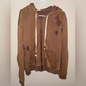 POL Brown Oversized Distressed Zip Up Hoodie with Drawstrings size Medium